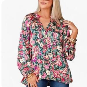 Umgee Multicolor Bold Paisley Button‎ Down Blouse Size S Ruffled Neck Boho Chic